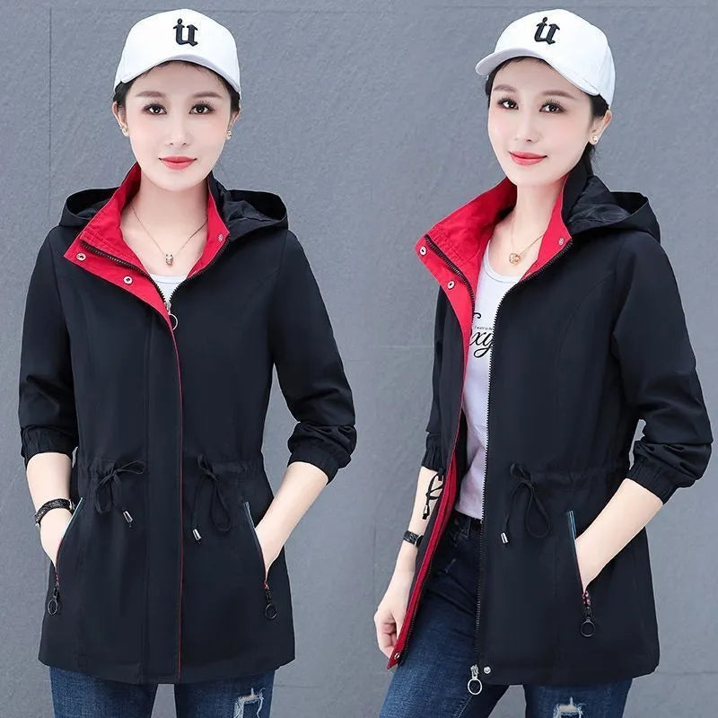 Hooded Mid-Length Velvet Windbreaker Jacket for Women