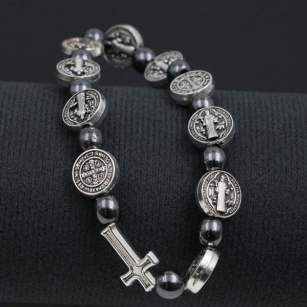 Hematite Saint Benedict Rosary Bracelet