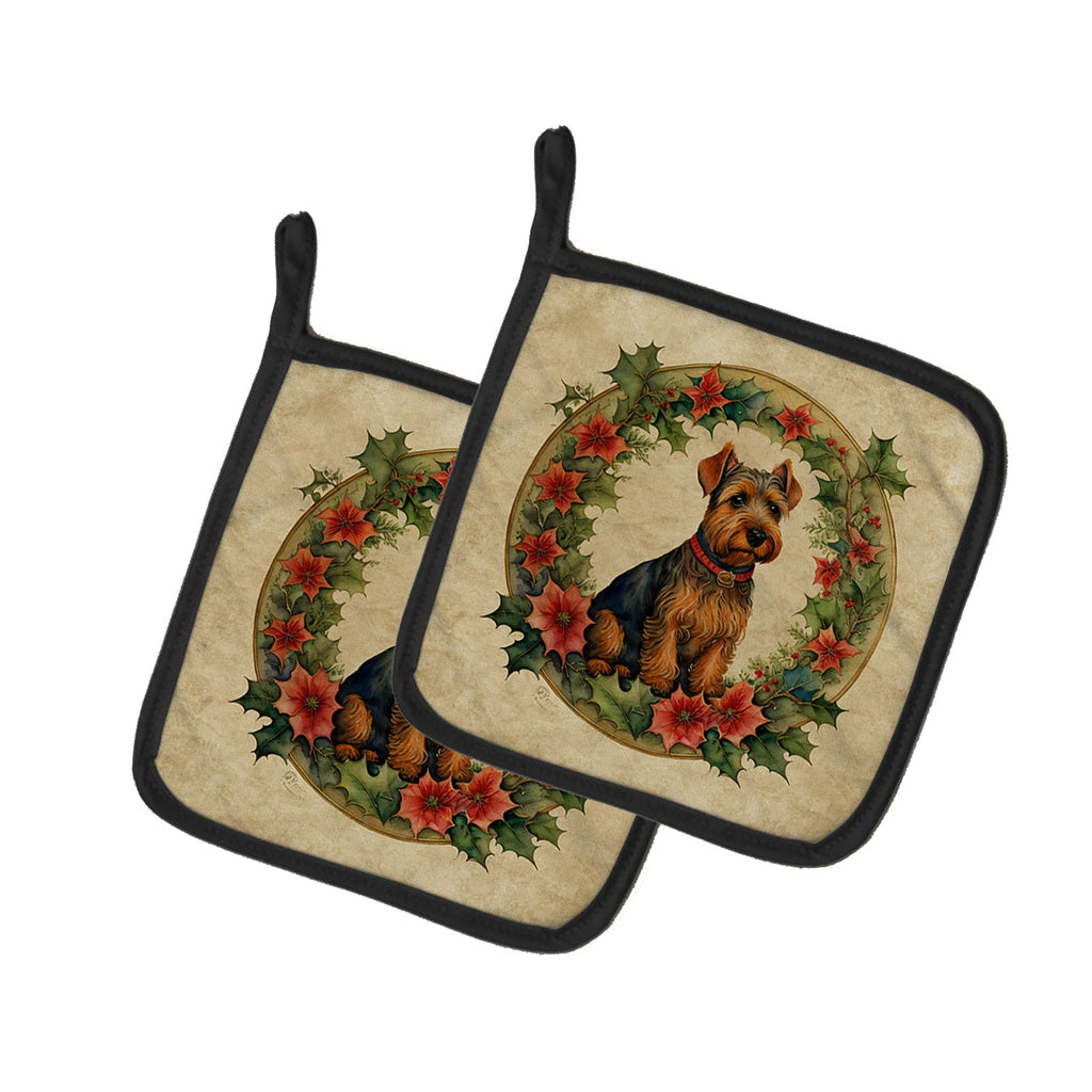 Welsh Terrier Christmas Flowers Pair of Pot Holders