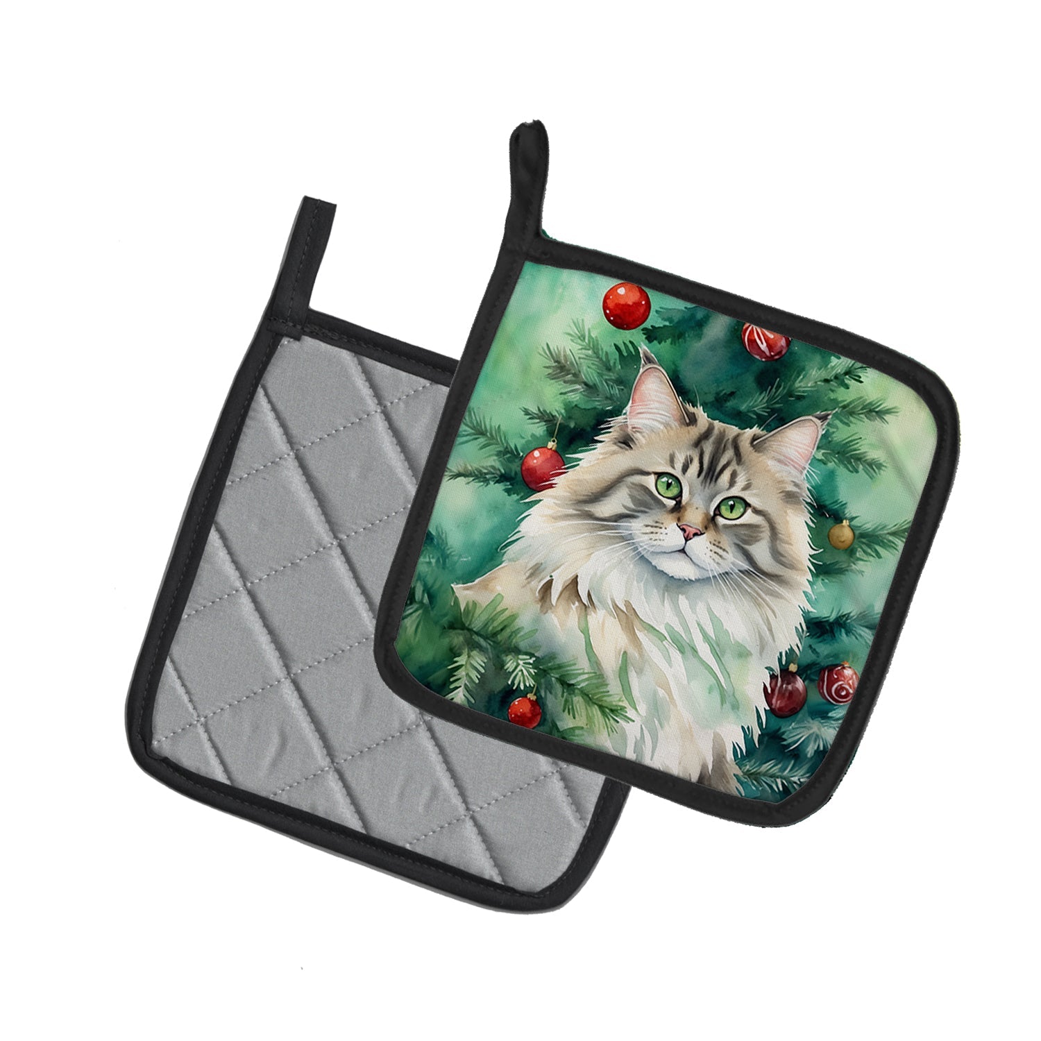Siberian Cat By the Christmas Tree Pair of Pot Holders