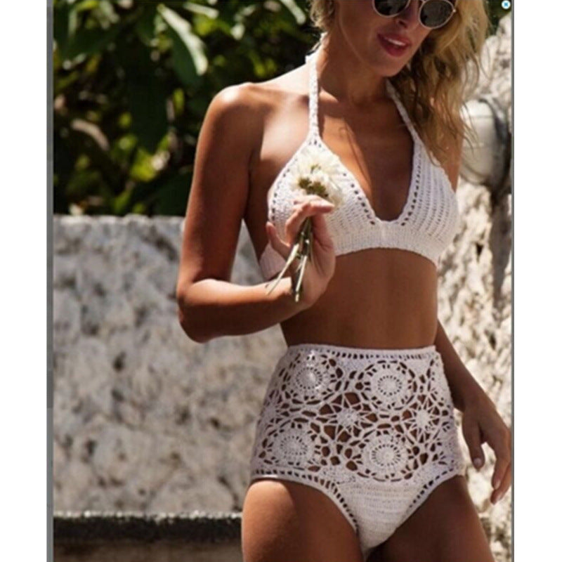 High-Waisted Solid Color Crochet Bikini Set