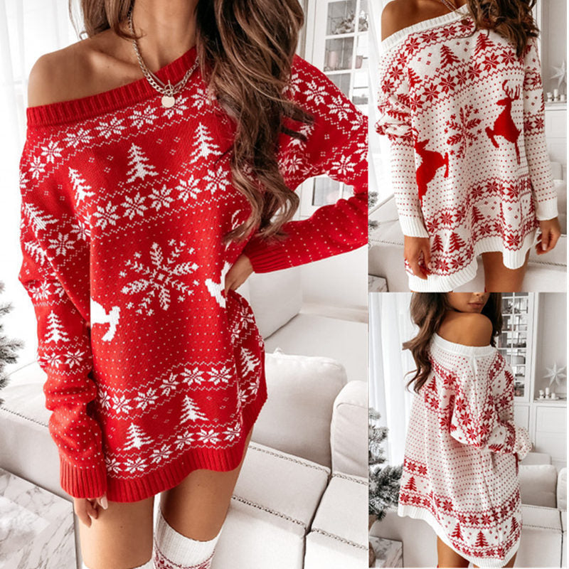 Ladies Christmas Jacquard Long Sleeve Knit Dress