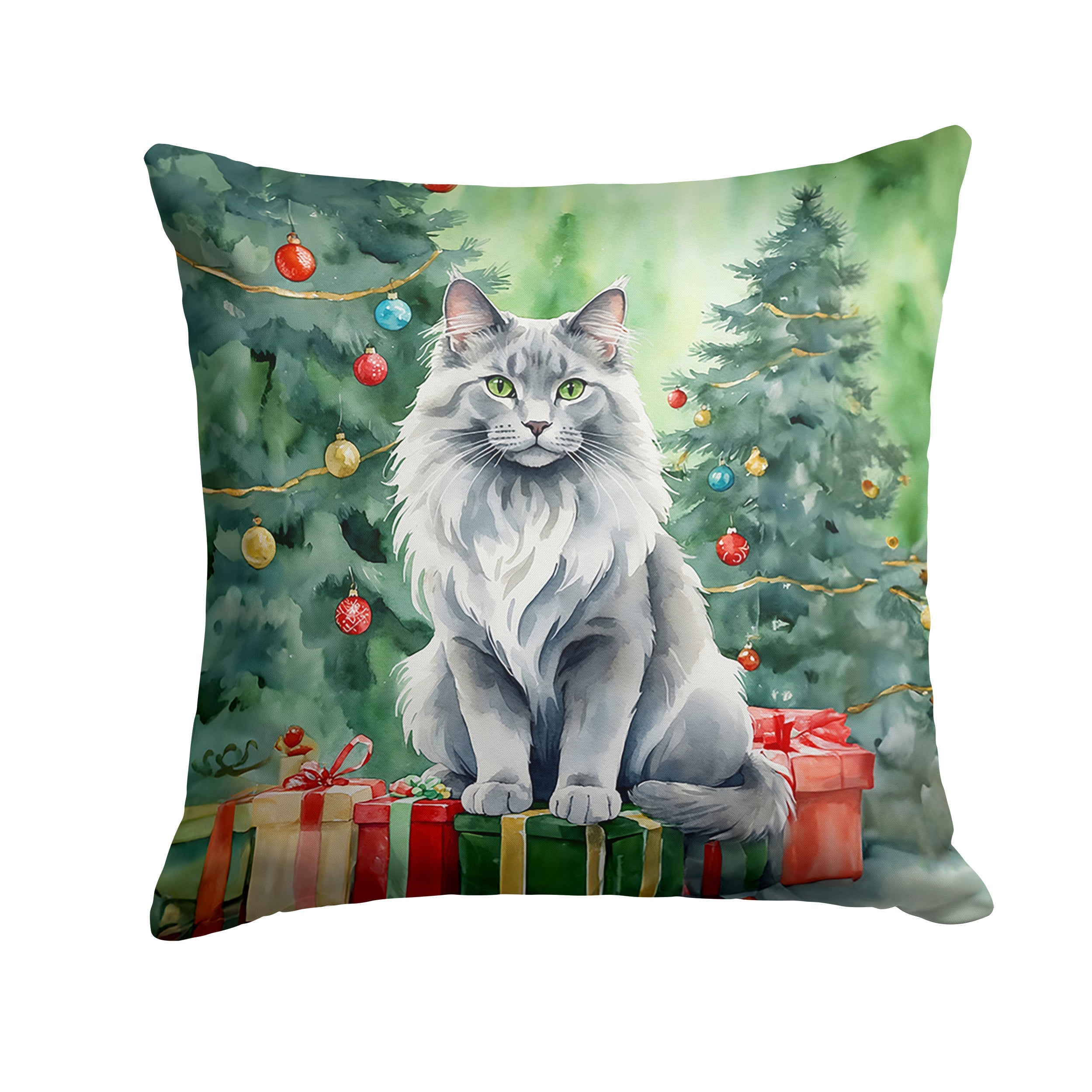 Nebelung Cat By the Christmas Tree Throw Pillow