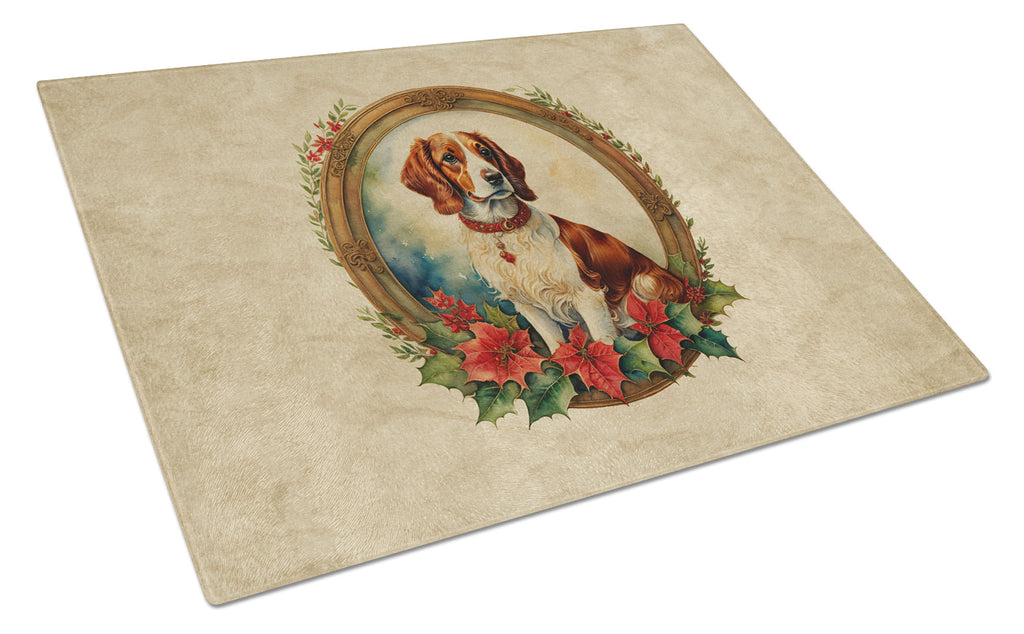 Brittany Spaniel Christmas Flowers Glass Cutting Board
