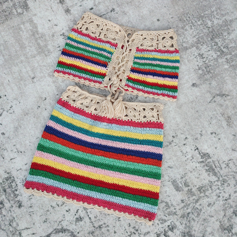 Handmade Crochet Bikini Beach Skirt Set with Stripes