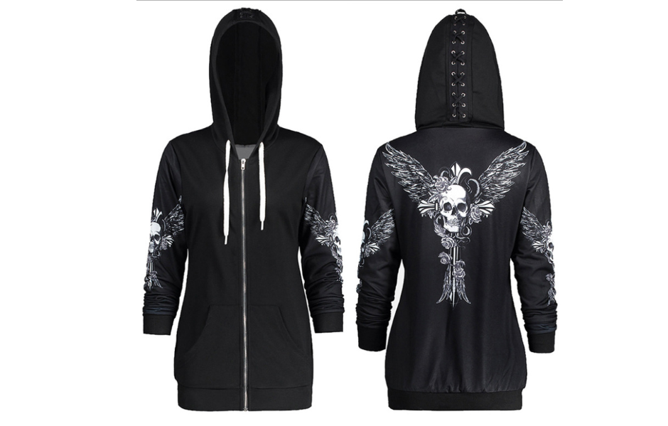 Hooded Long-Sleeved Sweater with Wing Print