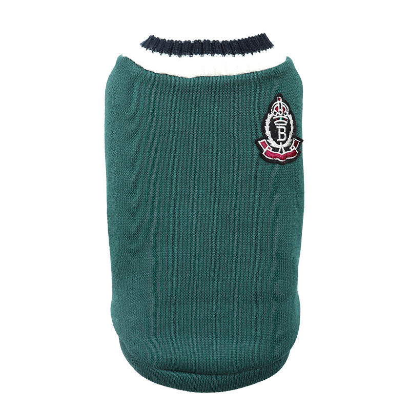 Knitted V-Collar Dog Sweater in Preppy Style