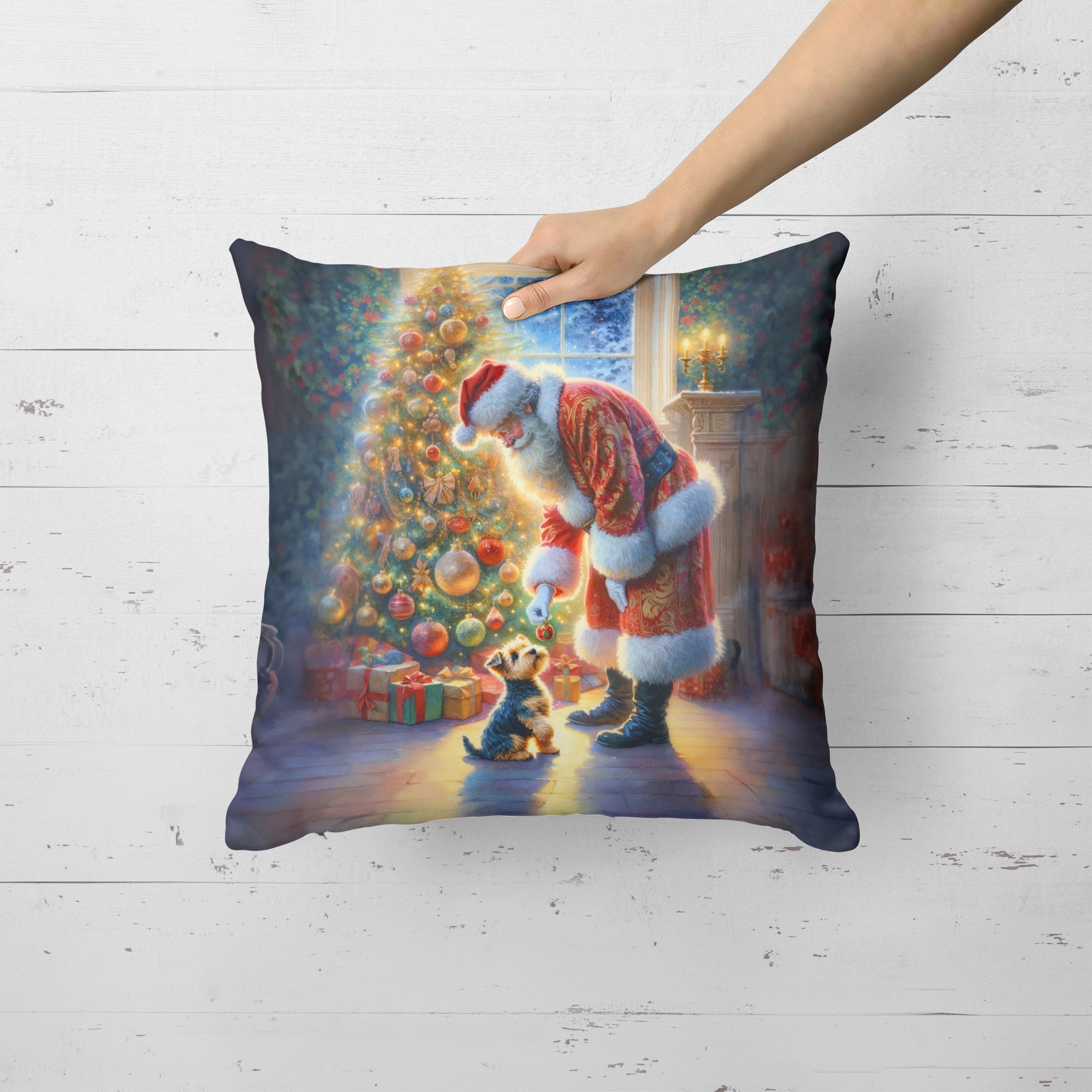 Australian Terrier and Santa Claus Throw Pillow