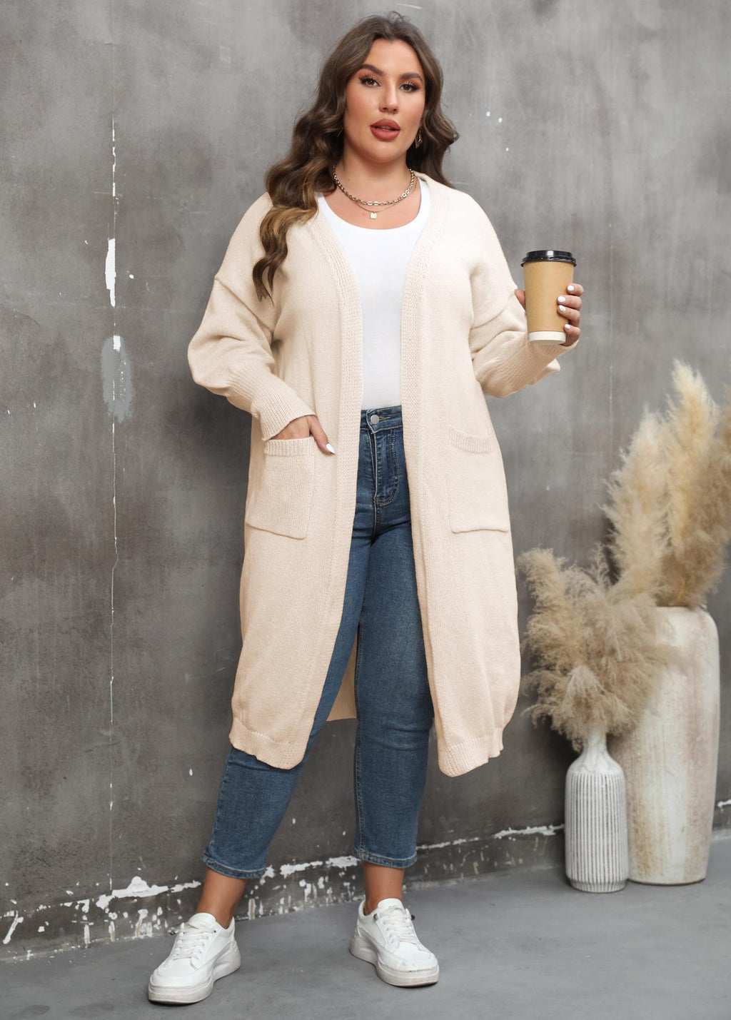 Large Loose Mid-Length Woven Sweater Coat with Pockets