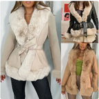 Women's Stylish Fur Collar Lace-Up Leather Coat