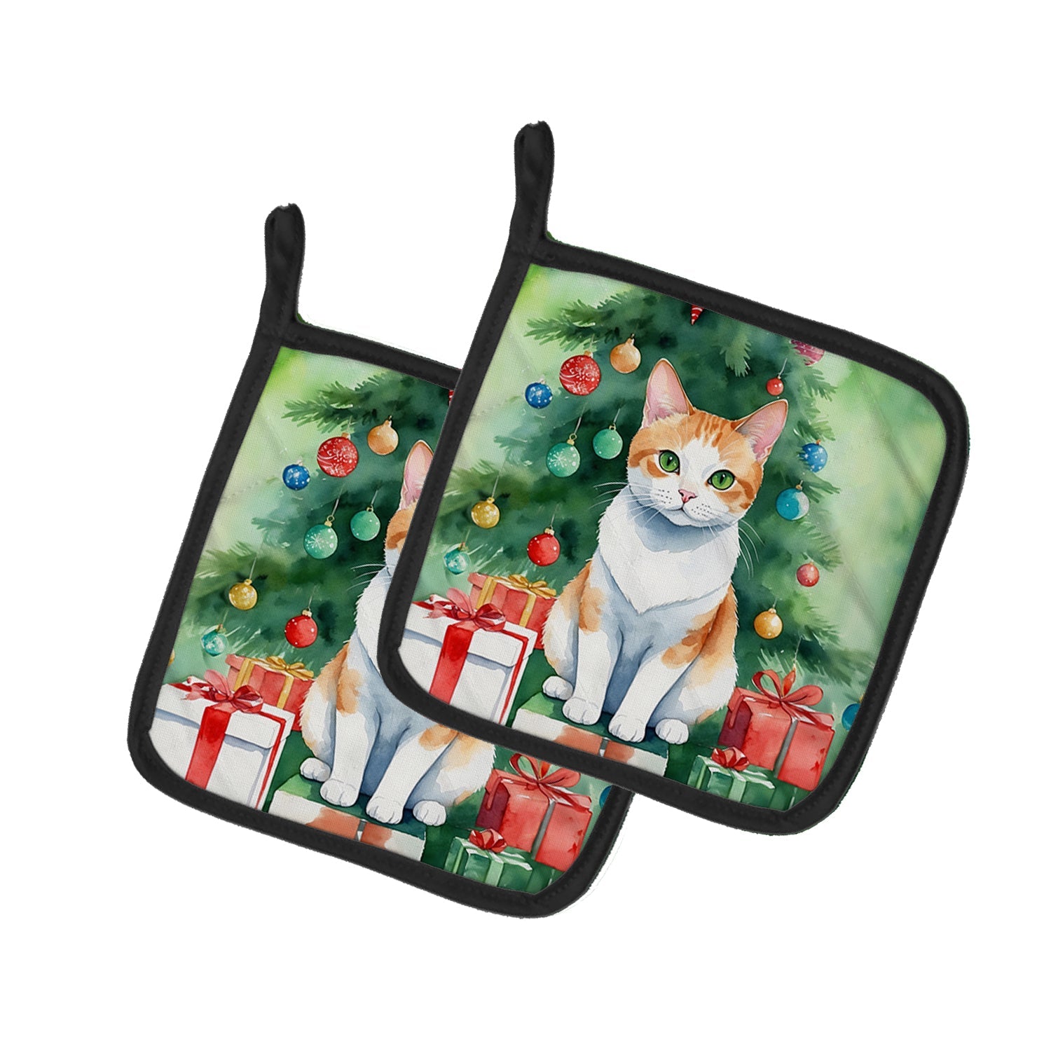 Japanese Bobtail Cat By the Christmas Tree Pair of Pot Holders