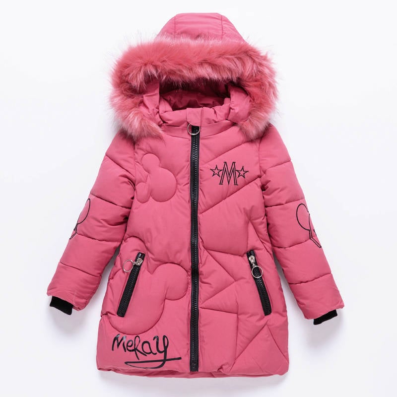 Thickened Mid-length Girl's Cotton-padded Jacket with Fur Collar