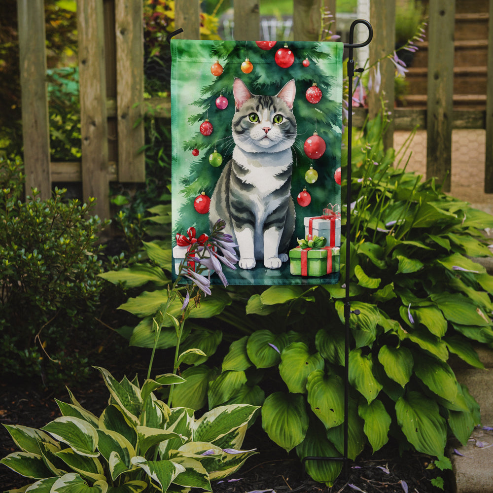 Korean Bobtail Cat By the Christmas Tree Garden Flag