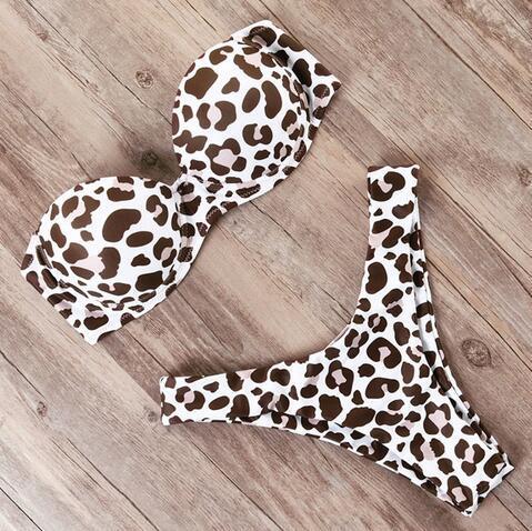 Solid Color Women's Bikini with Snake and Leopard Print