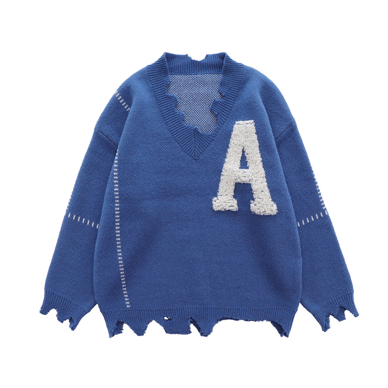 V Neck Embroidered Frayed Hem Sweater for All Seasons