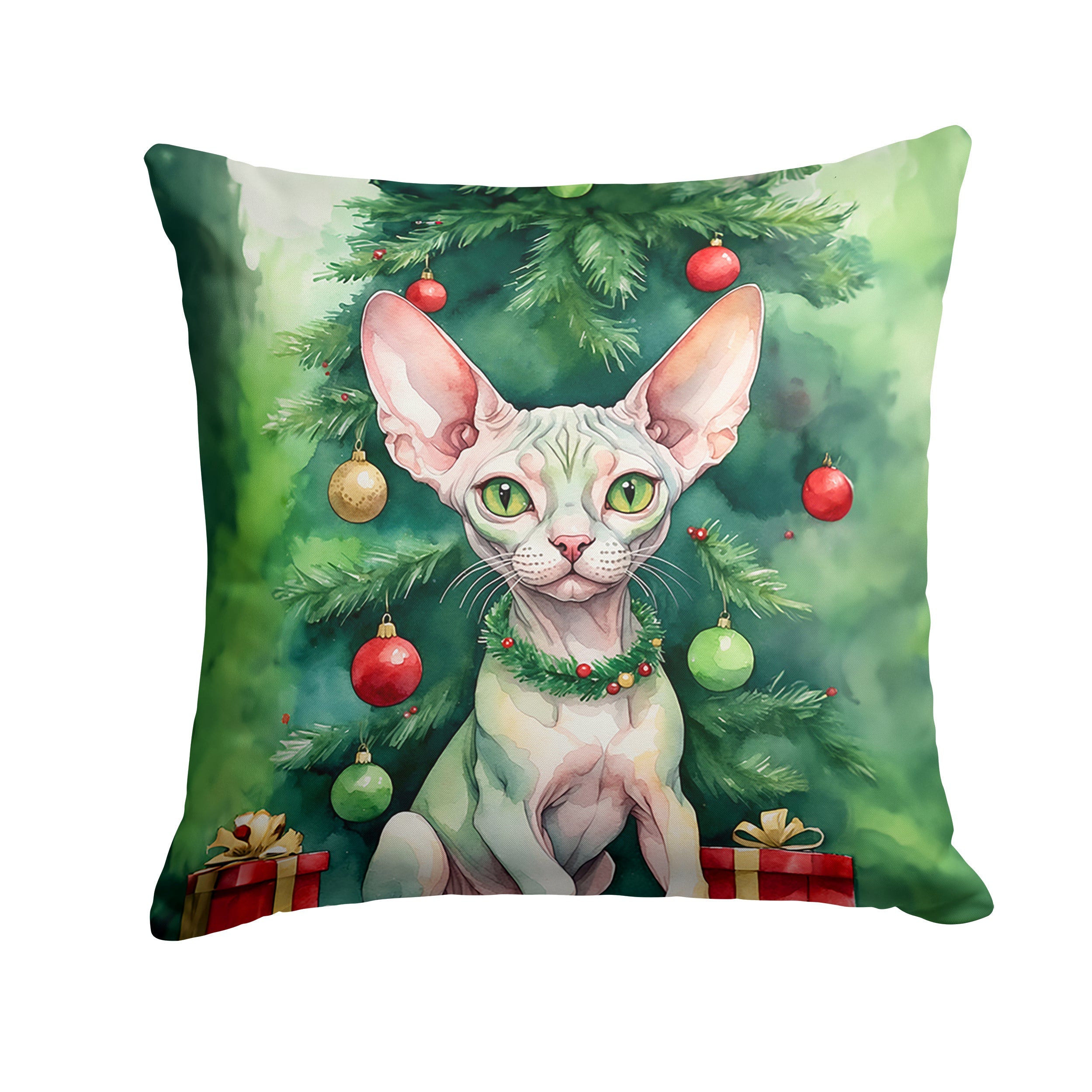 Minskin Cat By the Christmas Tree Throw Pillow