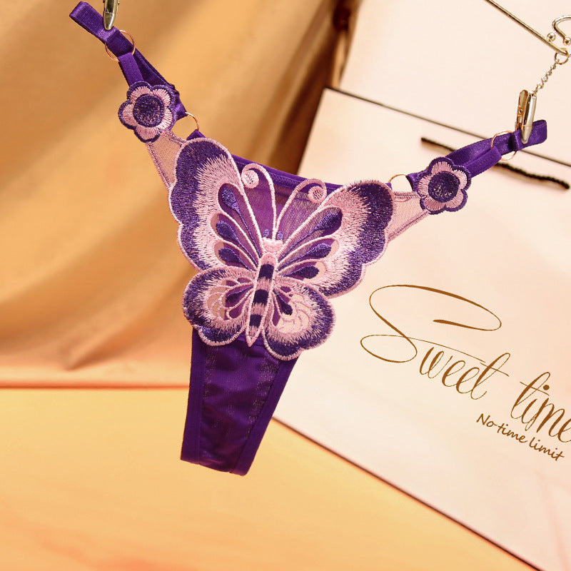 Adjustable Plus Size Butterfly Embroidery Thong Panties