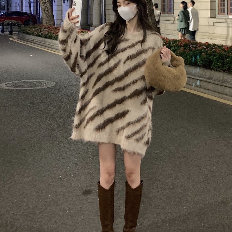 Zebra Striped Loose Pullover Sweater for Women | Streetwear