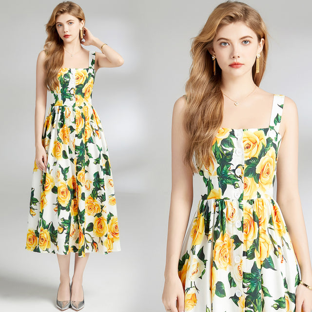 Summer Floral Print Spaghetti Strap Backless Dress