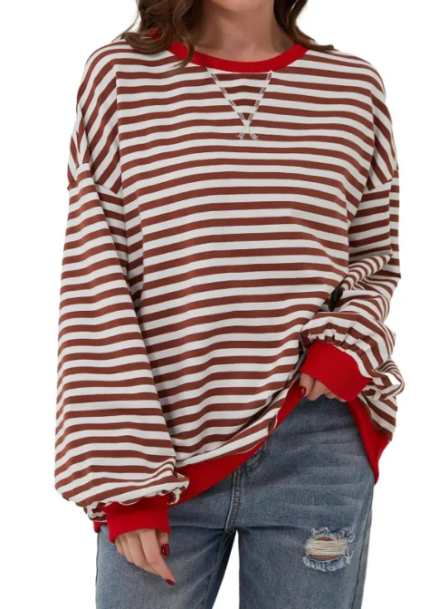 Loose Striped Long Sleeve T-shirt Casual Pullover Sweater For Womens Clothing | Streetwear