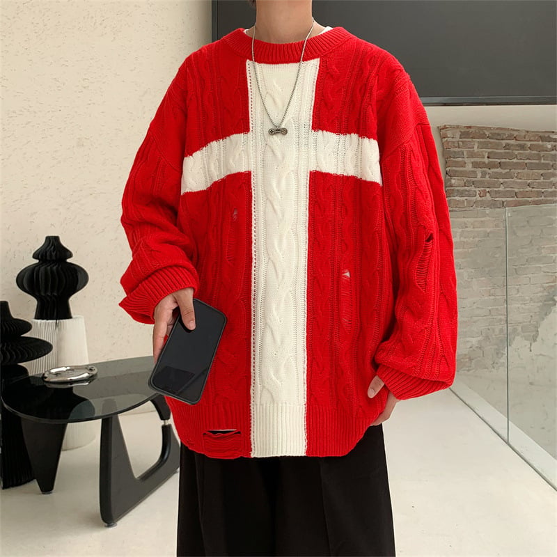 Vintage Loose Knit Cross Sweater for Men