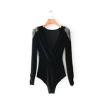 Velvet T-Shirt with Beaded Design, Bodysuit Top