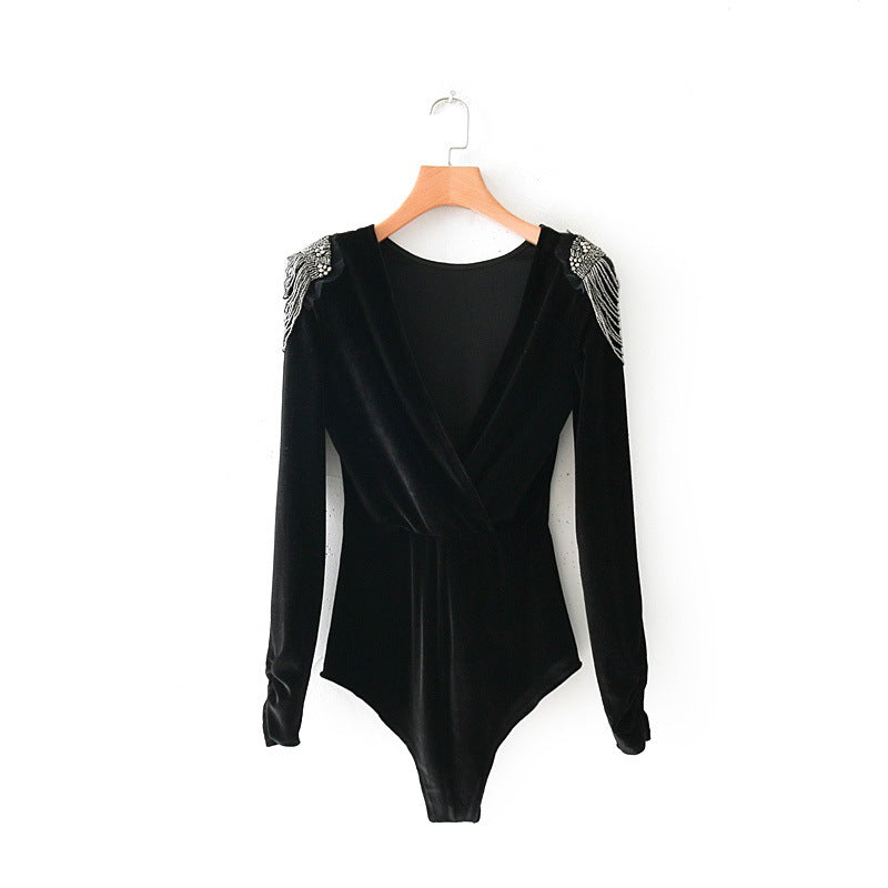 Velvet T-Shirt with Beaded Design, Bodysuit Top