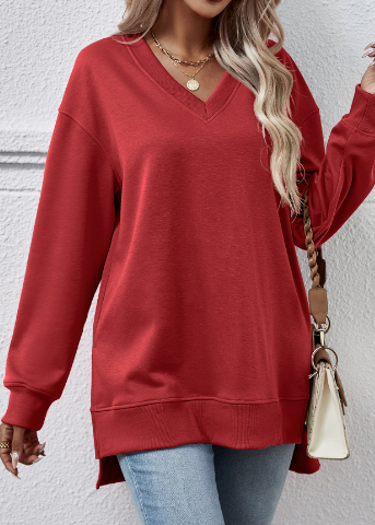 V-neck Split Front Long Back Sweater in Solid Color