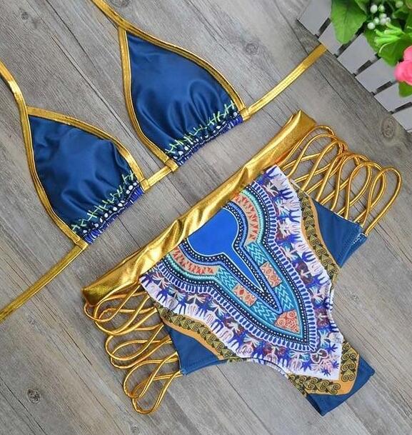 Strappy High-Waist Tribal Print Bikini Set