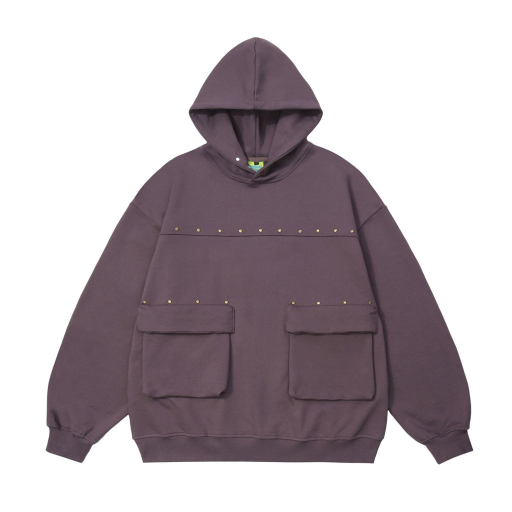 Men's Hooded Terry Sweater with Multi-pocket Rivet Design