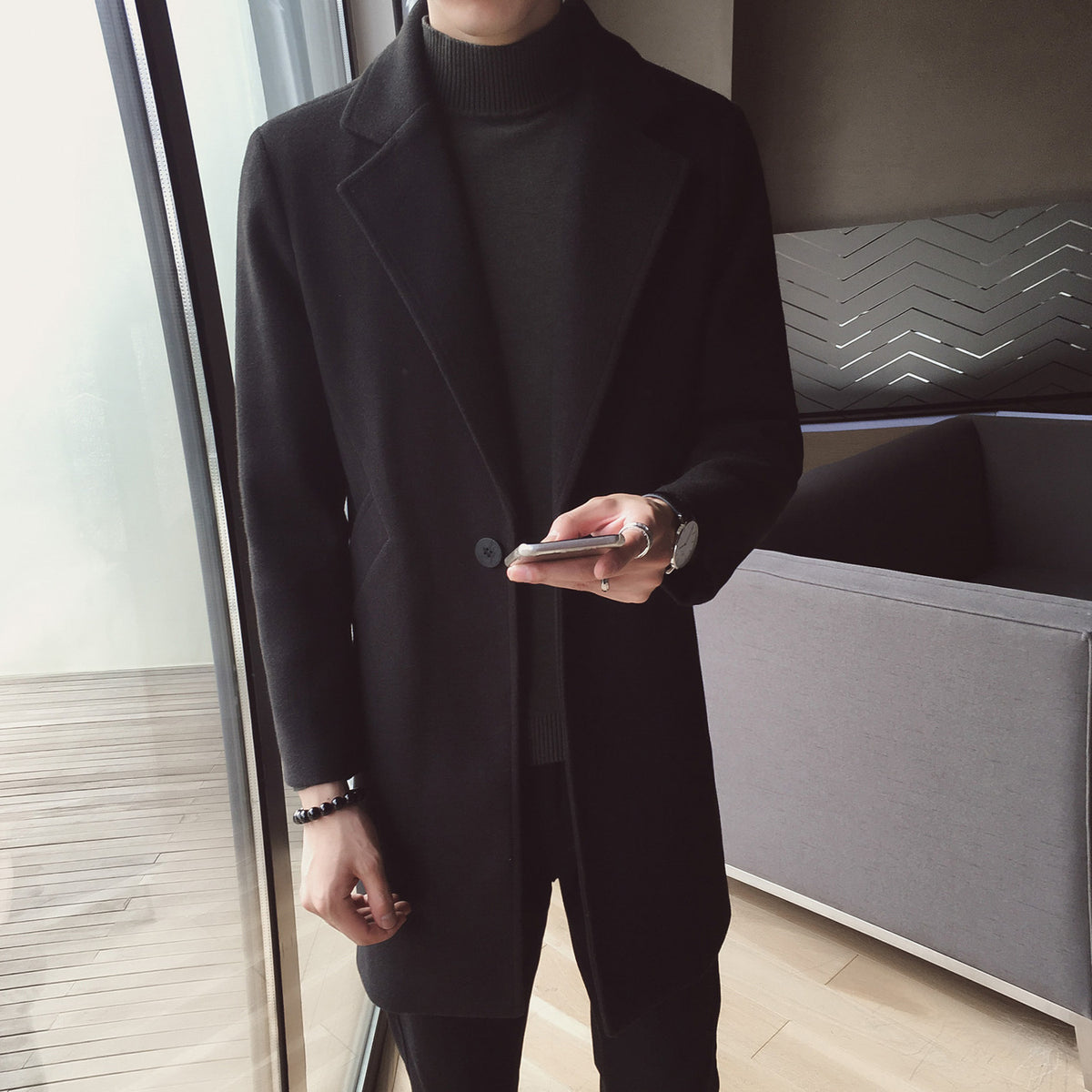 Mid-Length Woolen Coat for Men
