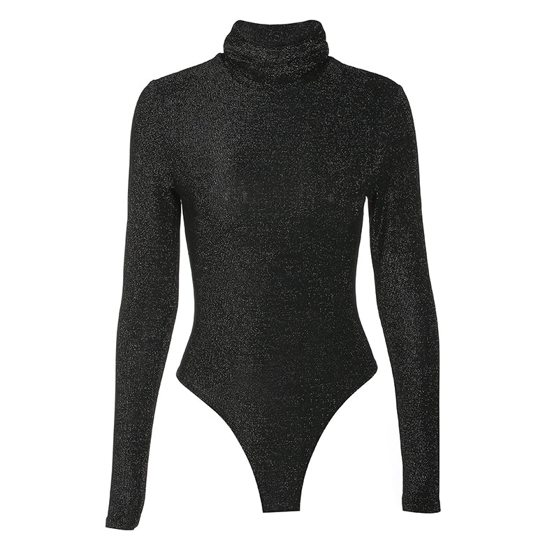 Black Gold Silk Sexy Mock Neck Bodysuit
