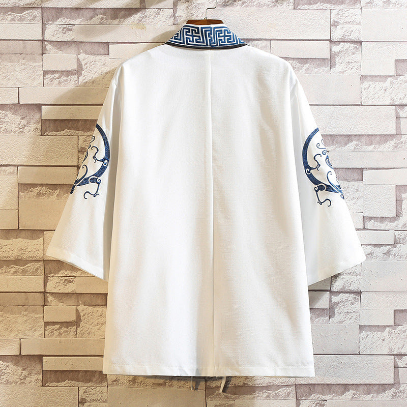 Men's Chinese Crane Embroidered Cardigan with 3/4 Sleeves