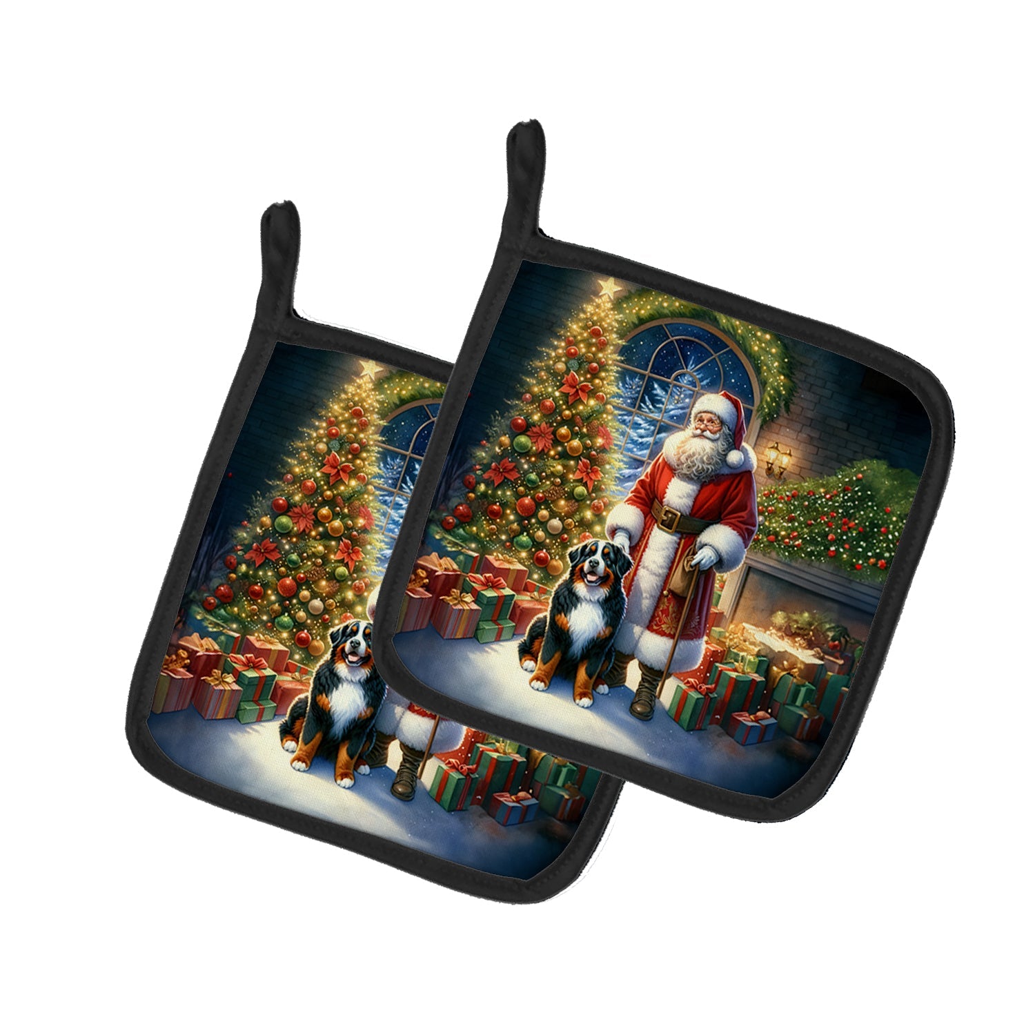 Bernese Mountain Dog and Santa Claus Pair of Pot Holders