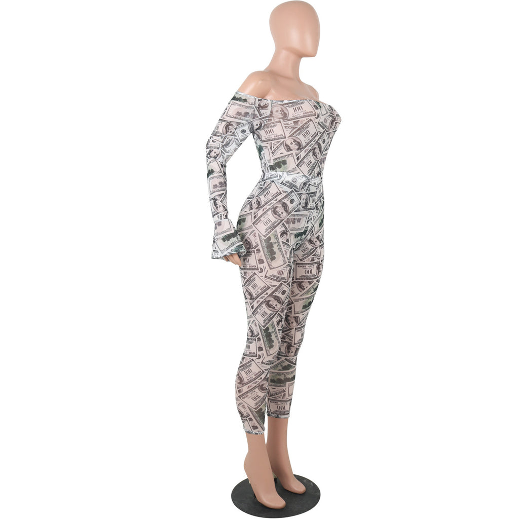 MOS42-M960 Sexy One-Shoulder Mesh Print Bodysuit
