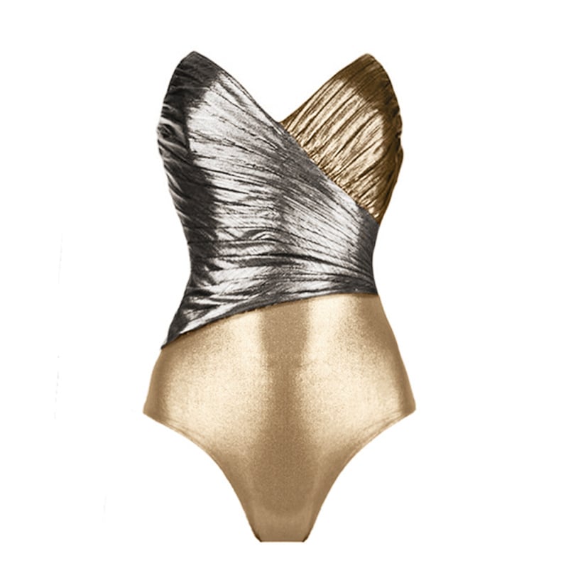 Metallic Color-Block Strapless One-Piece Swimsuit
