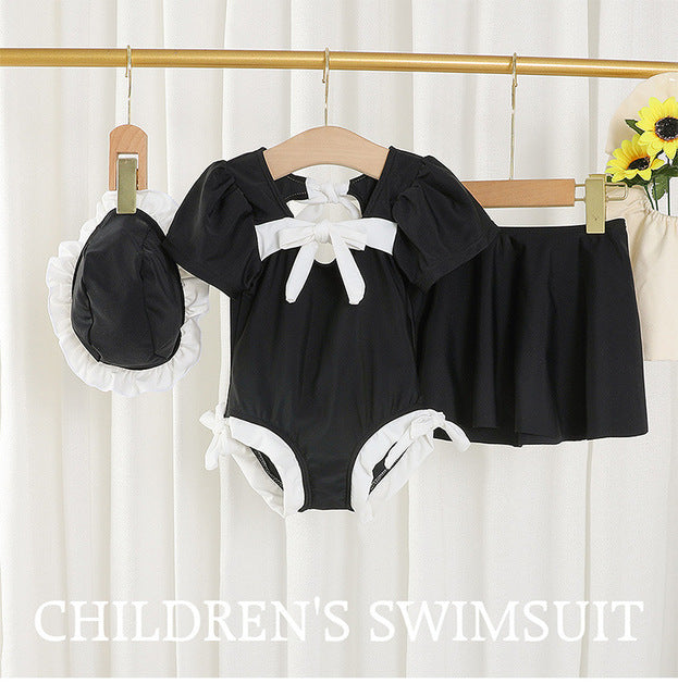 3Pcs Girls Bikini Set with Ruffle Skirt and Caps