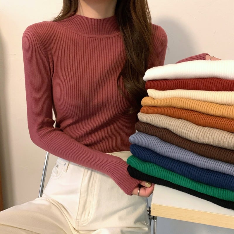 Slim Fit Long Sleeve Half High Collar Sweater