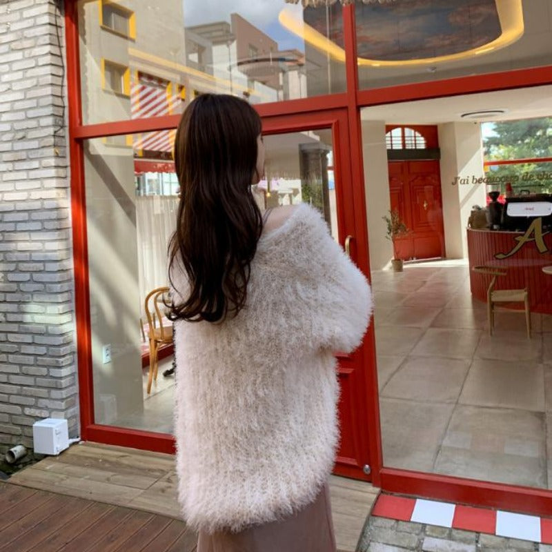 V-neck Furry Loose Knit Mohair Cardigan with Lantern Sleeves