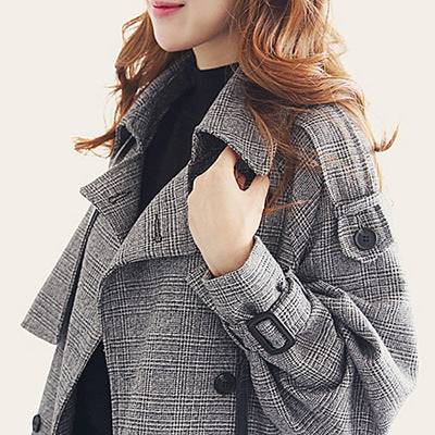 Korean Houndstooth Windbreaker Long Plaid Coat for Women