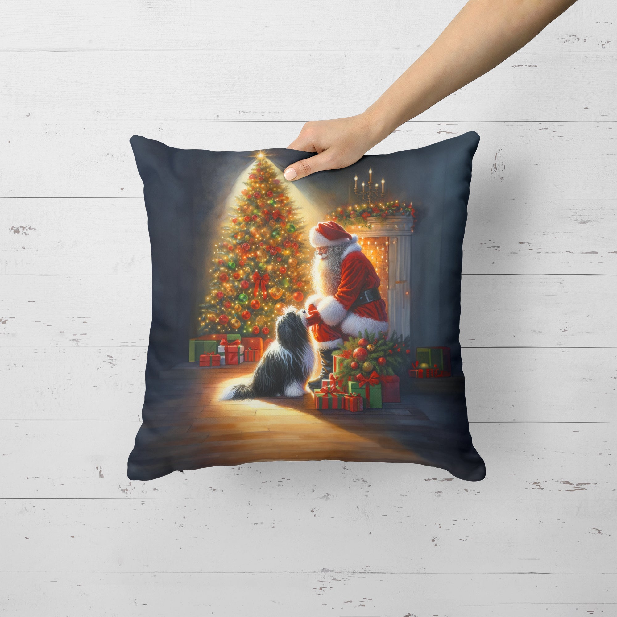 Tibetan Terrier and Santa Claus Throw Pillow