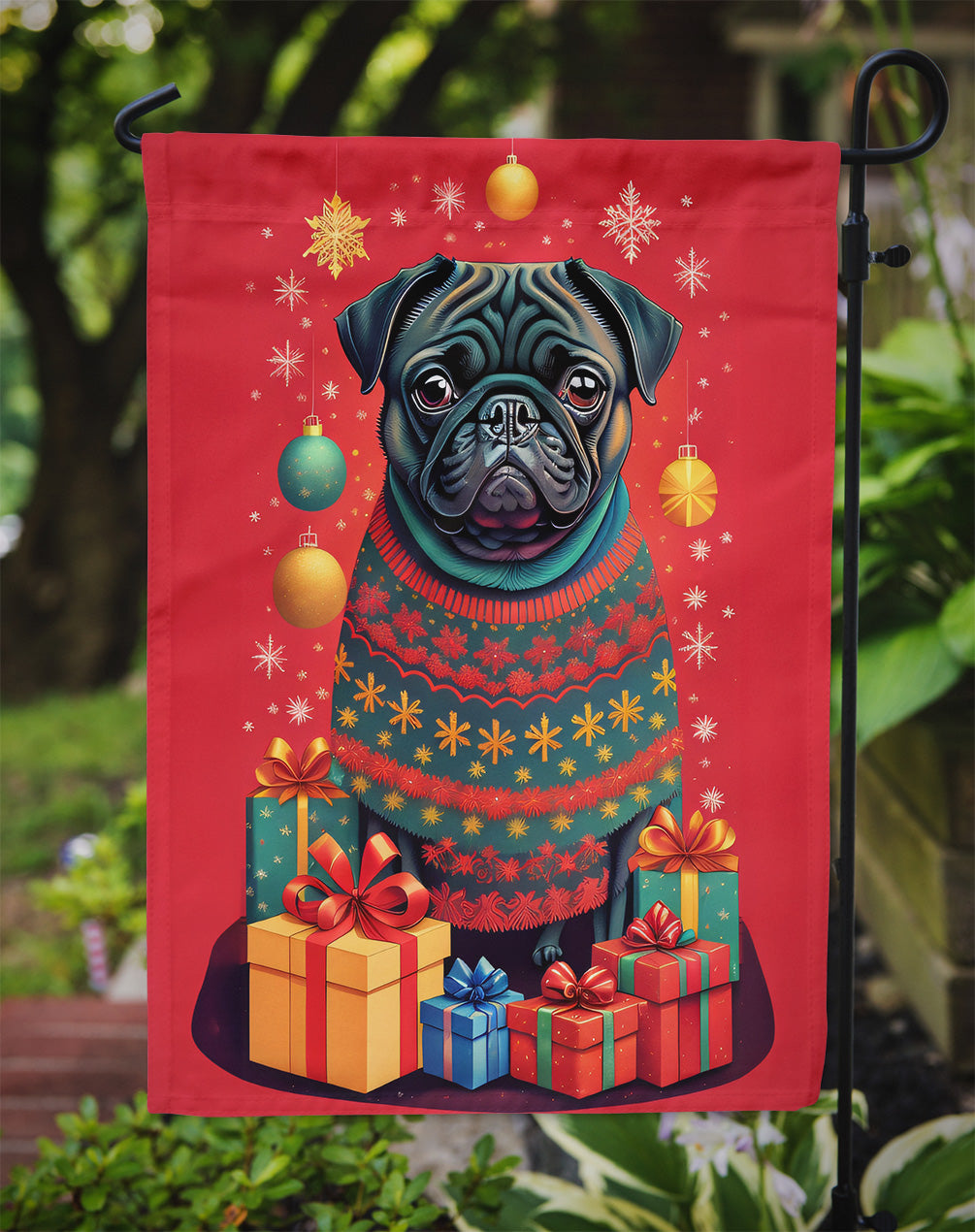 Black Pug Holiday Christmas Garden Flag