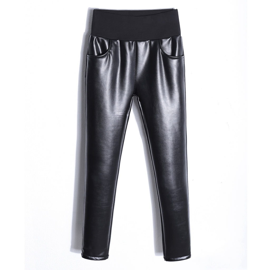 Fleece-lined Thick Matte Leather Pants for Women
