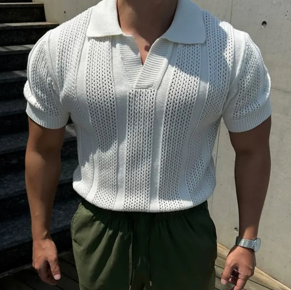 Mesh Knit Short-Sleeve Polo Tee