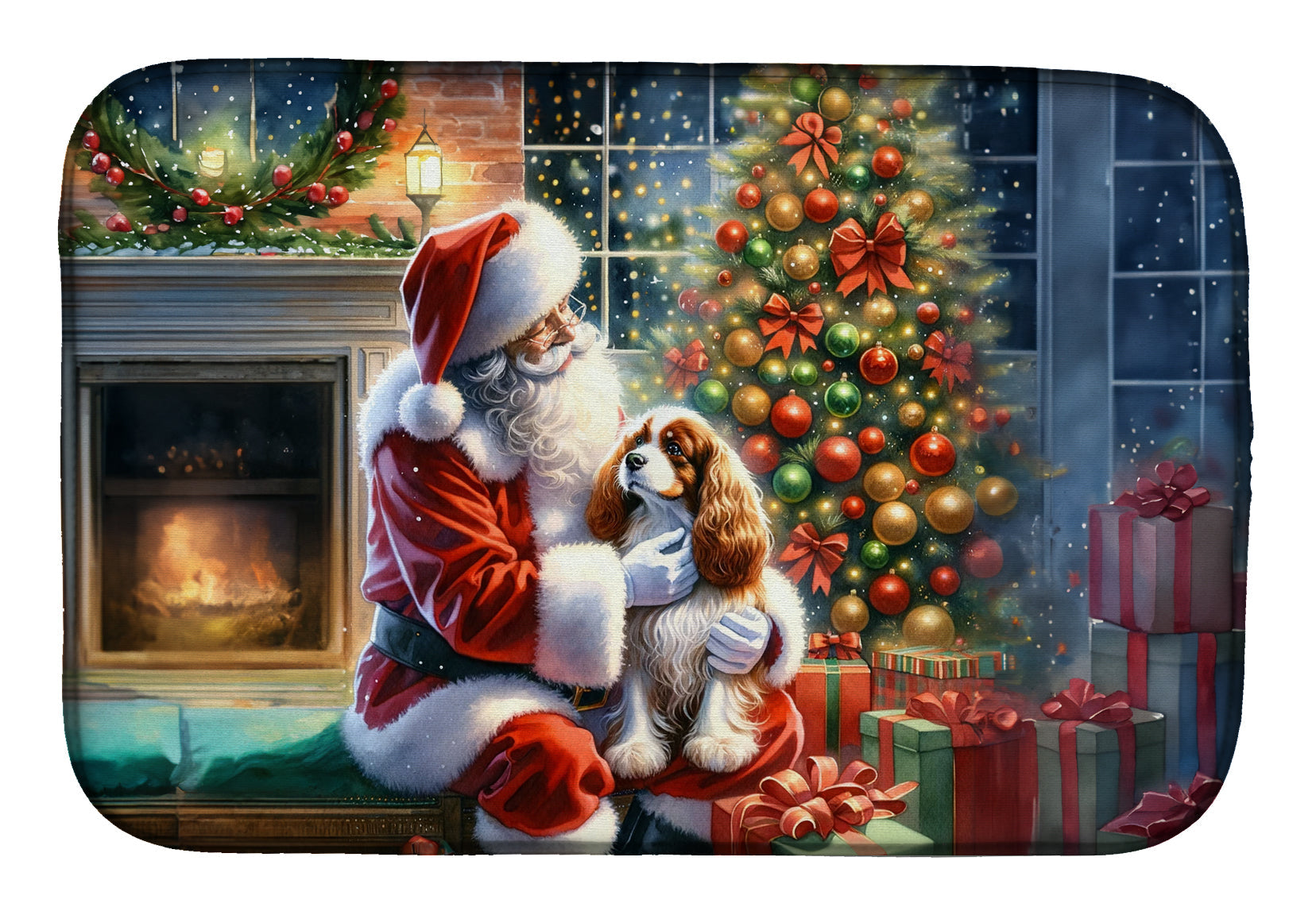 Cavalier Spaniel and Santa Claus Dish Drying Mat