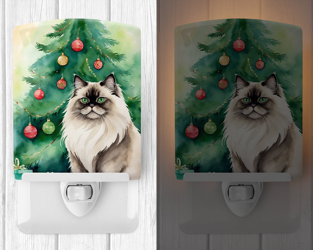 Colorpoint Longhair Cat By the Christmas Tree Ceramic Night Light