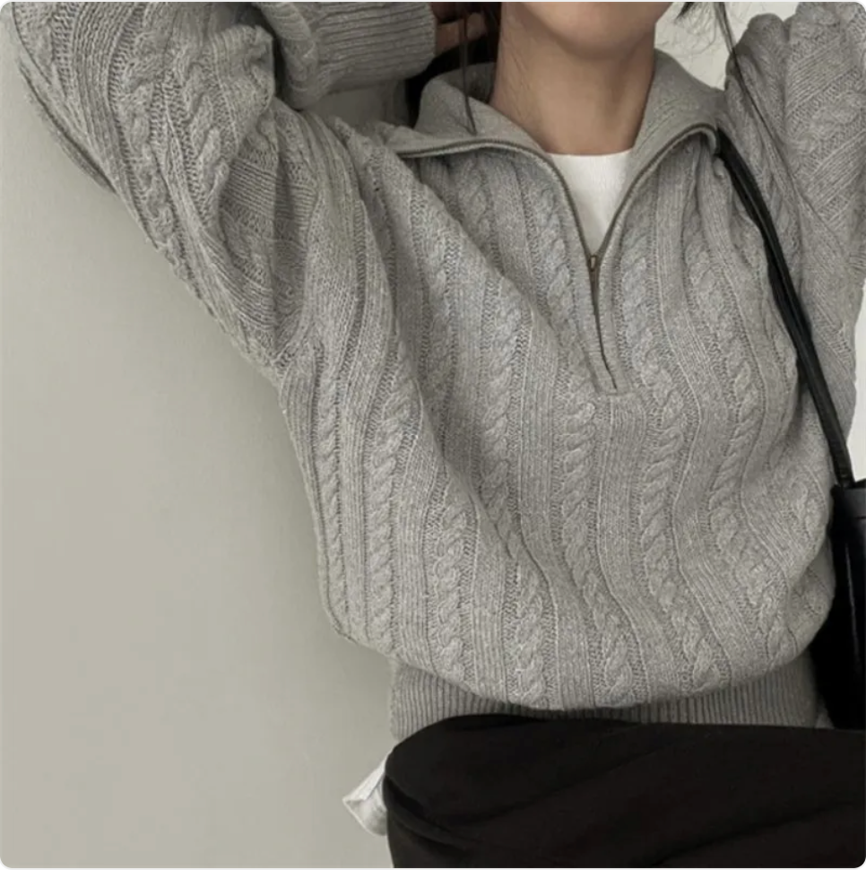 Korean-Style Retro Cable-Knit Zipper Pullover – Casual Long Sleeve Sweater Top | Streetwear