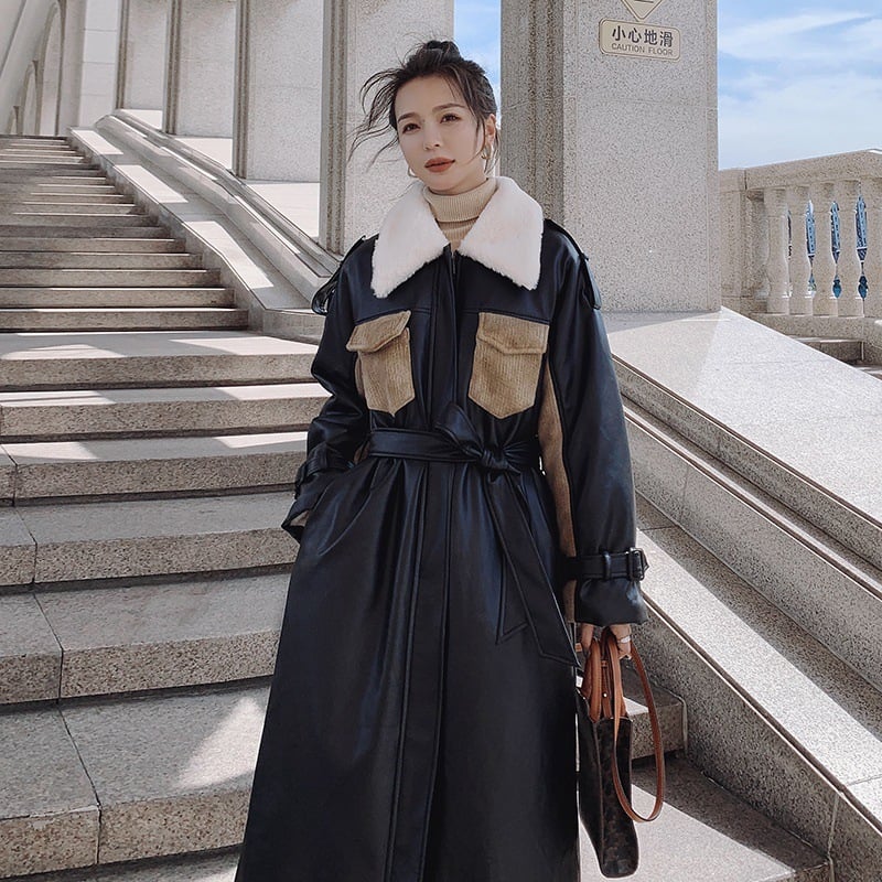 Women's Medium Long Thickened Cotton Leather Coat