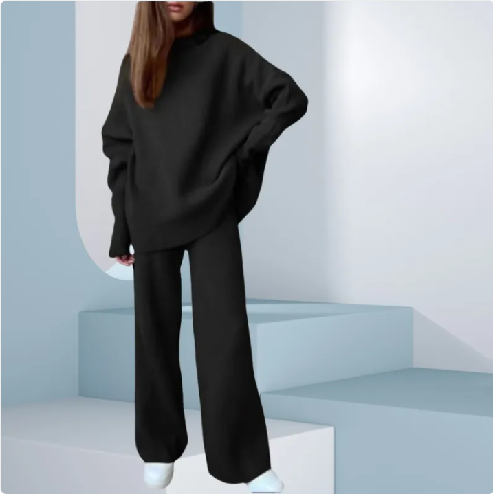 Chic Knit High Collar Wide-Leg Pants Set