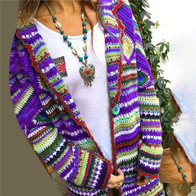 Rainbow Striped Long Sleeve Knit Cardigan for Women